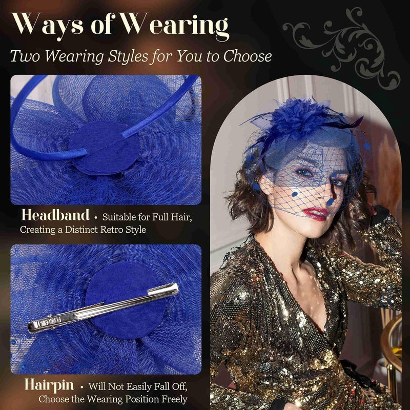 Masedy Fascinators Hats for Women Tea Party Hat Feather Mesh Headband Vintage Lace Cocktail Headwear Veil Hair Clip Church - Image 3